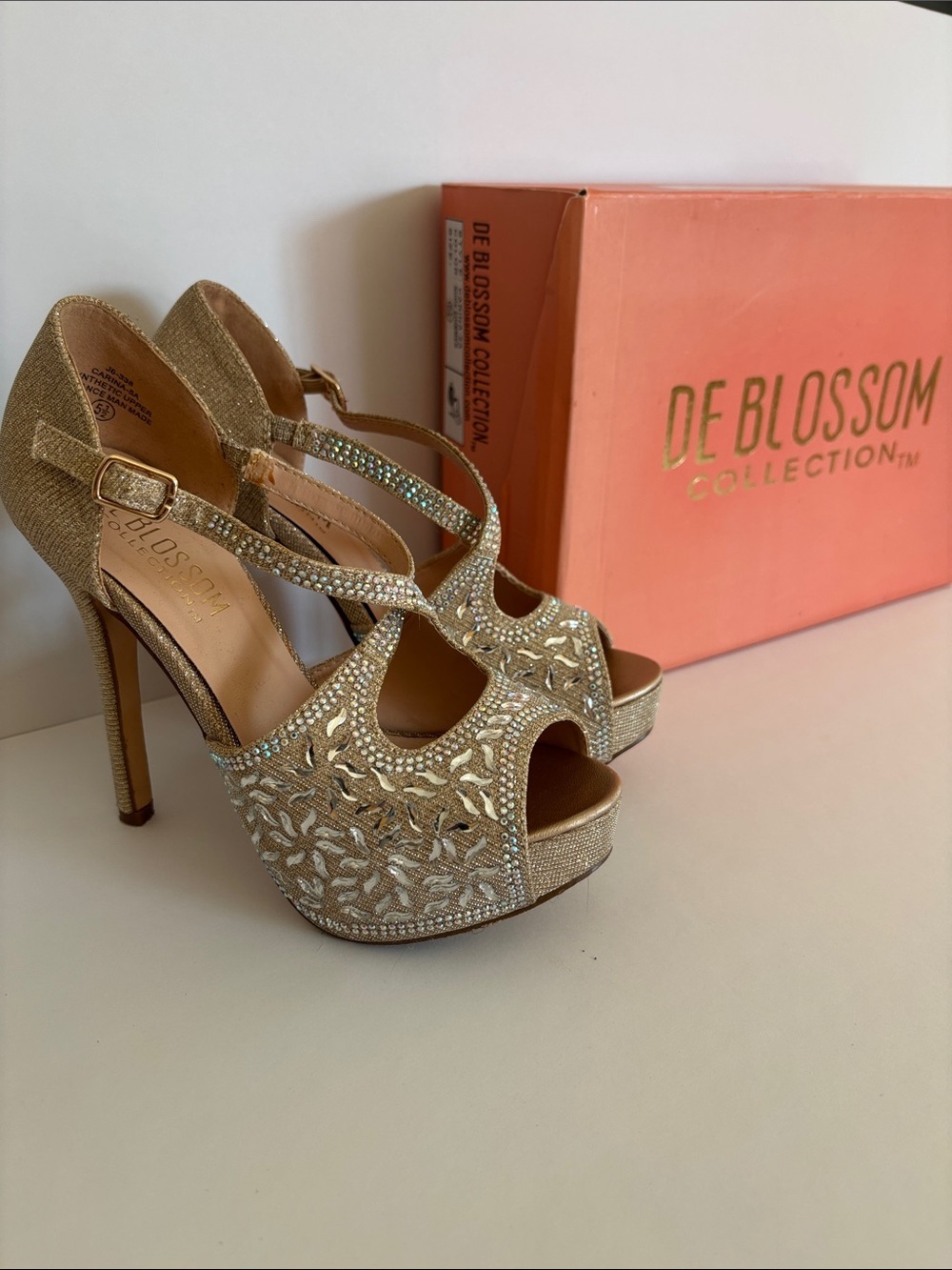 De Blossom Collection Gold Crystal-Embellished Platform Peep-Toe Heels
